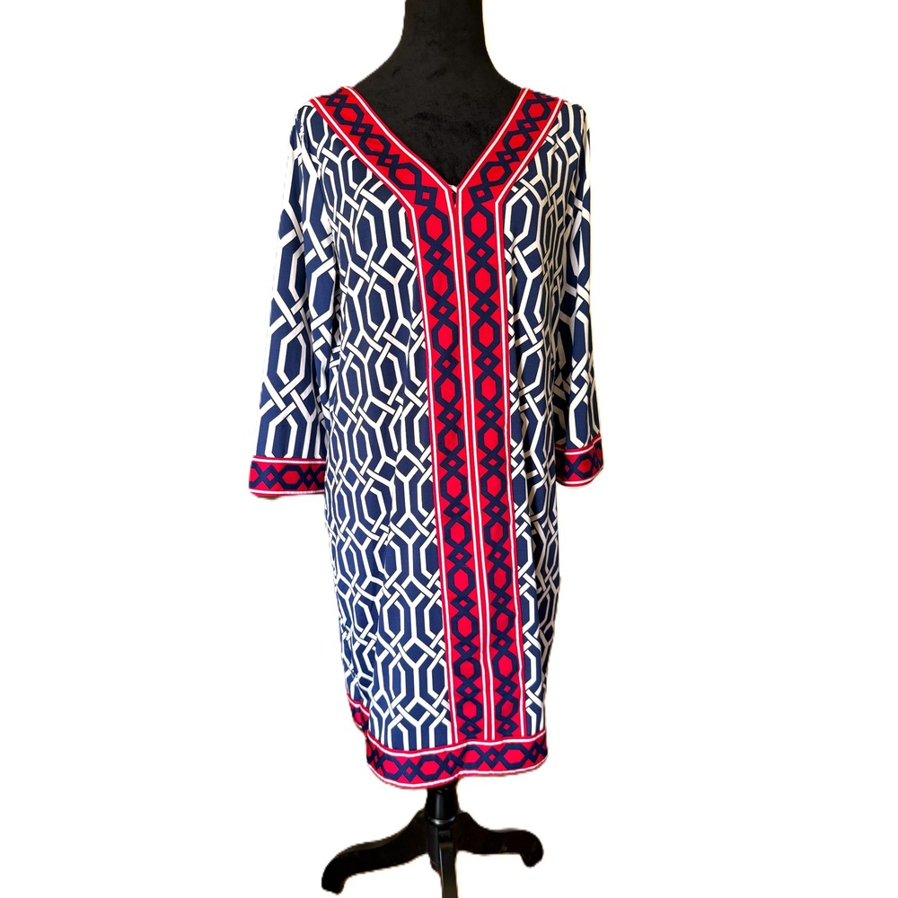 Mud Pie Women Red White Blue Geometric Abstract Ikat Retro V-Neck Shift Dress L
